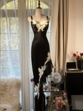 Sexy Black Straps Sheath Lace Long Evening Dress Vintage Party Dress, HZ0319
