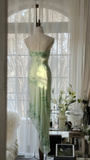 Light Sage One Shoulder Beading Chiffon Long Evening Gown Vintage Party Dress, HZ0319