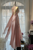 Elegant Pink V Neck Sheath Satin Vintage Long Party Dress Evening Gown, HZ0319