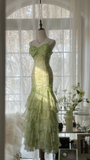 Green Straps Mermaid Tiered Beaing Vintage Long Party Dress Evening Gown, HZ0319