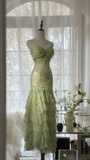 Green Straps Mermaid Tiered Beaing Vintage Long Party Dress Evening Gown, HZ0319