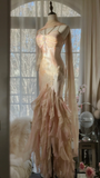 Light Pink Straps Mermaid Tiered Beaing Vintage Long Party Dress Evening Gown, HZ0319