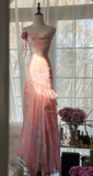 Pink Spaghetti Straps Beaing Chiffon Vintage Long Party Dress Evening Gown, HZ0319