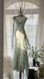 Light Sage Spaghetti Straps Beaing Chiffon Vintage Long Party Dress Evening Gown, HZ0319
