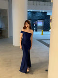 Dark Navy One Shoulder Mermaid Satin Long Party Dress Evening Gown, HZ0319