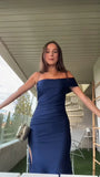 Dark Navy One Shoulder Mermaid Satin Long Party Dress Evening Gown, HZ0319