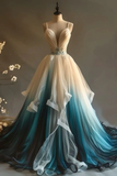 Retro Ombre Spaghetti Straps A-Line Chiffon Long Party Dress Evening Gown, HZ0319
