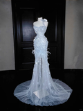 Light Blue Strapless Mermaid Beading Long Evening Dress Birthday Outfits, HZ0319