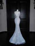 Light Blue Sleeveless Mermaid Beading Long Evening Dress Birthday Outfits, HZ0319