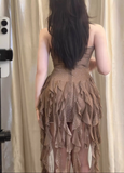 Retro Brown Strapless Sequin Irregular Hem Design Sheath Tulle Party Dress Homecoming Dresses, HZ0319