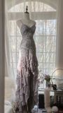 Light Lilac Straps Mermaid Beading Ruffles Long Evening Dress Birthday Outfits, HZ0319