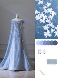 Elegant Blue Off Shoulder A-Line Floral Long Formal Prom Dress Birthday Outfits, HZ0319