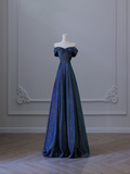 Elegant Navy Blue Off Shoulder A-Line Long Formal Prom Dress Birthday Outfits, HZ0319