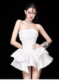 Cute White Strapless Ruffled Hem Design A-line Satin Party Dress Homecoming Dress, HZ0319