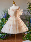 Vintage Pink 3D Flower Design A-line Off-the-shoulder Homecoming Dress , HZ0319