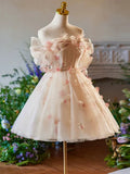 Vintage Pink 3D Flower Design A-line Off-the-shoulder Homecoming Dress , HZ0319