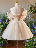 Vintage Pink 3D Flower Design A-line Off-the-shoulder Homecoming Dress , HZ0319