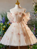 Vintage Pink 3D Flower Design A-line Off-the-shoulder Homecoming Dress , HZ0319