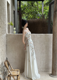 Elegant White Spaghetti Straps A-Line Flower Long Evening Party Dresses, HZ0319
