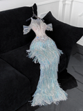 Shiny Light Blue Beaded Sequined Design Mermaid Prom Dress Evening Dress HZ0319